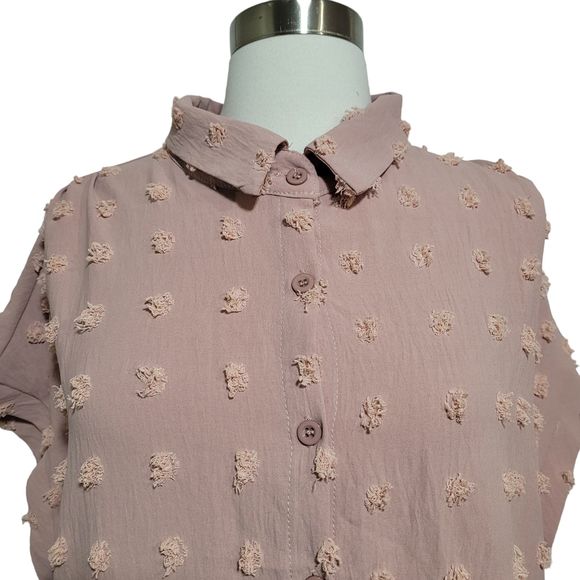 Bothenial Women's Dusty Pink Pom Pom Short Sleeve Button Up Work Top Size XXL - Picture 2 of 7
